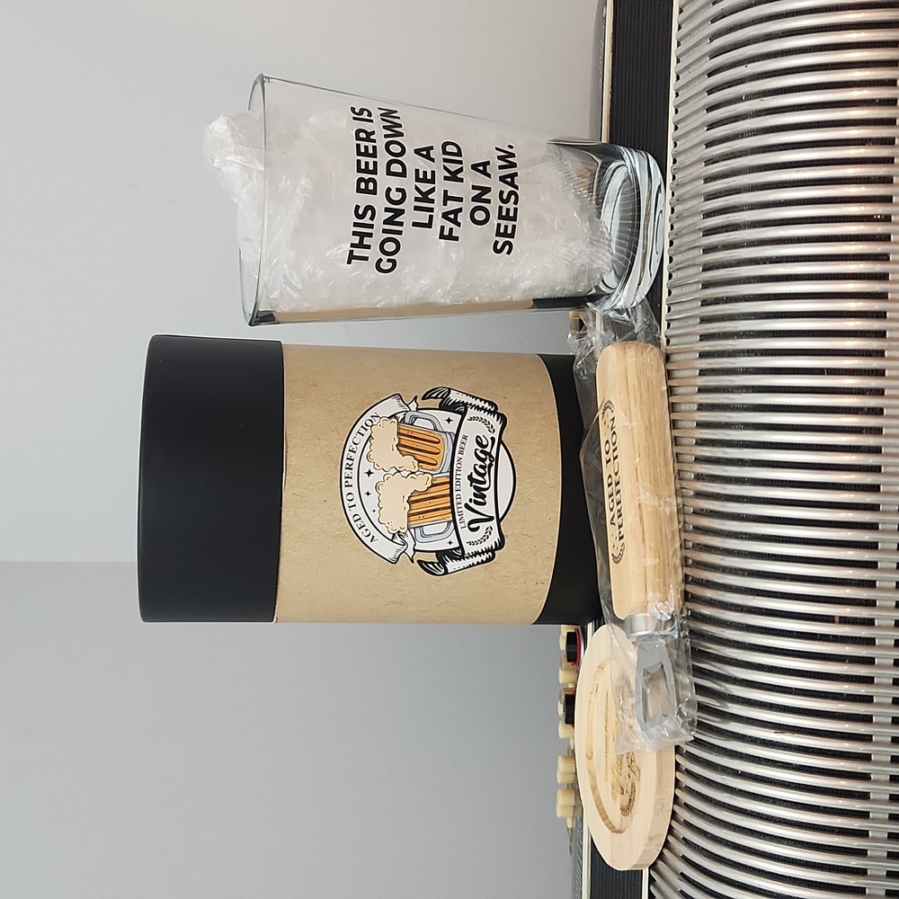 NWOT - AGED TO PERFECTION BEER PINT GLASS W/WOODEN COASTER & BOTTLE OPENER